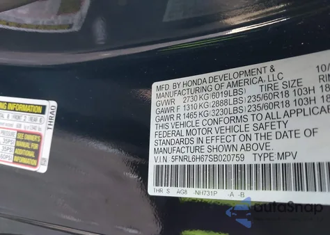 2025 Honda Odyssey Ex-L z USA, uszkodzony, nr VIN 5FNRL6H67SB020759